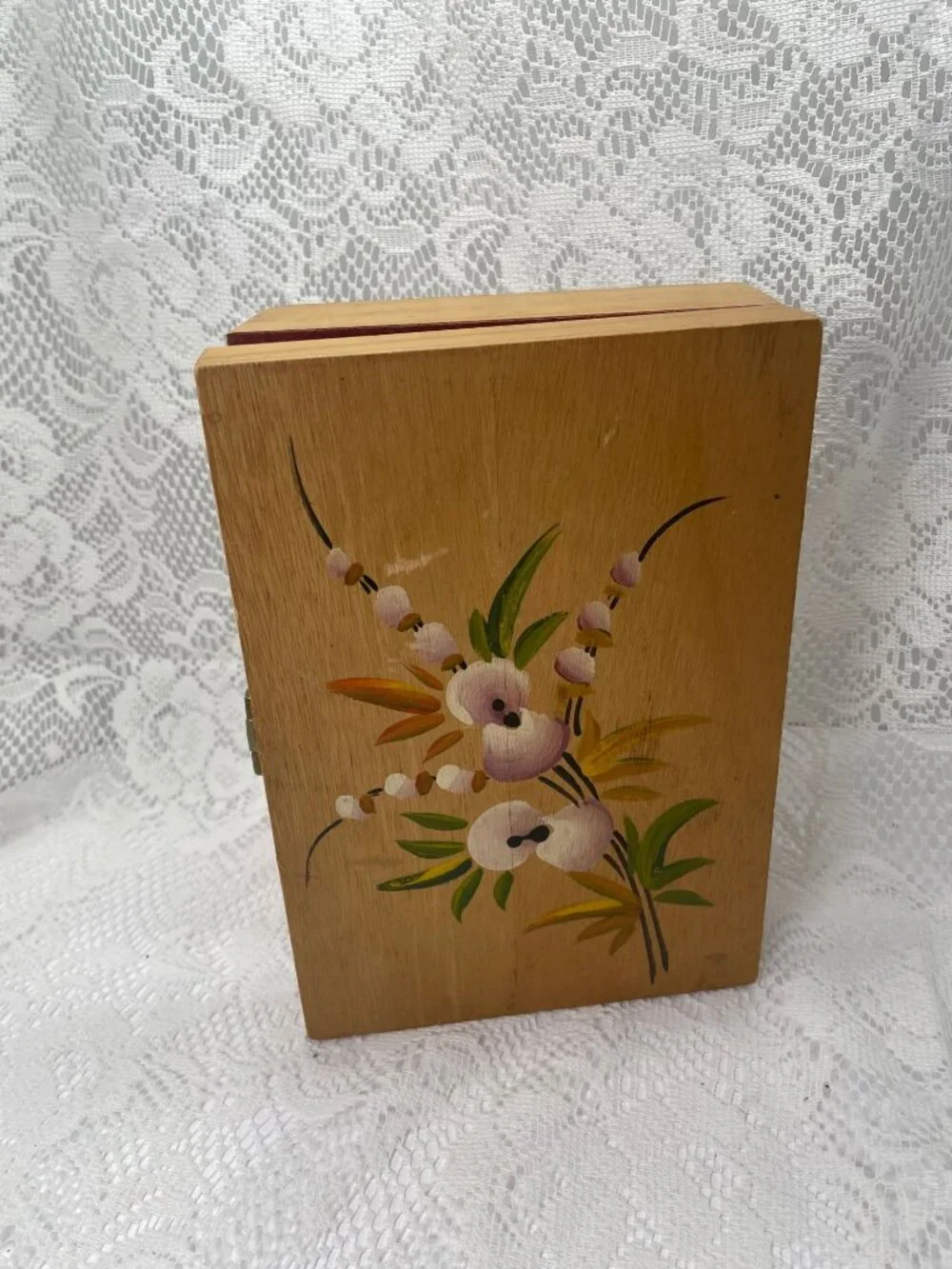 Handmade Wooden Jewelry Box With Floral Hand-Painted Design Red Felt Interior &